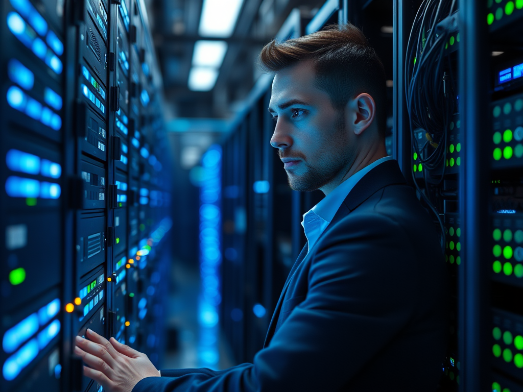 Server repair techncian working in a data center