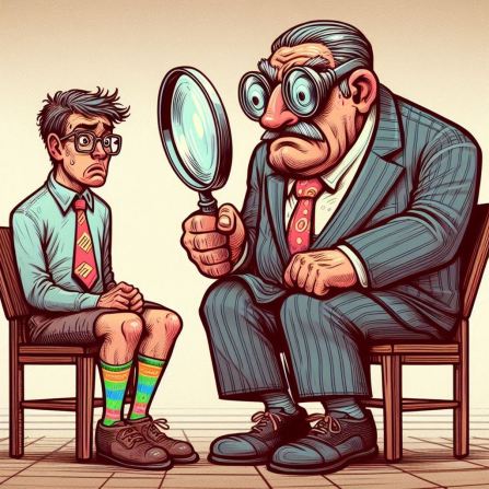 Cartoon of of a person being interviewed and put under the microscope for an IT job in Dublin. The cartoon shows someone who didn't do enough interview prep.