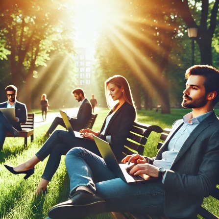 People in IT jobs working in a Park.