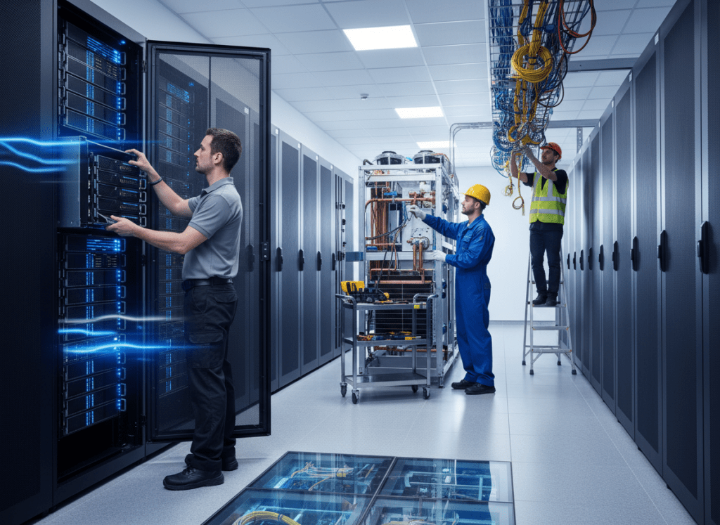 People working in a data center, some repairing servers, others working on cabling. 