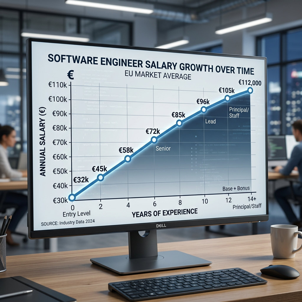 Graph showing software engineer annual salary growth in euros by years of experience in the EU.